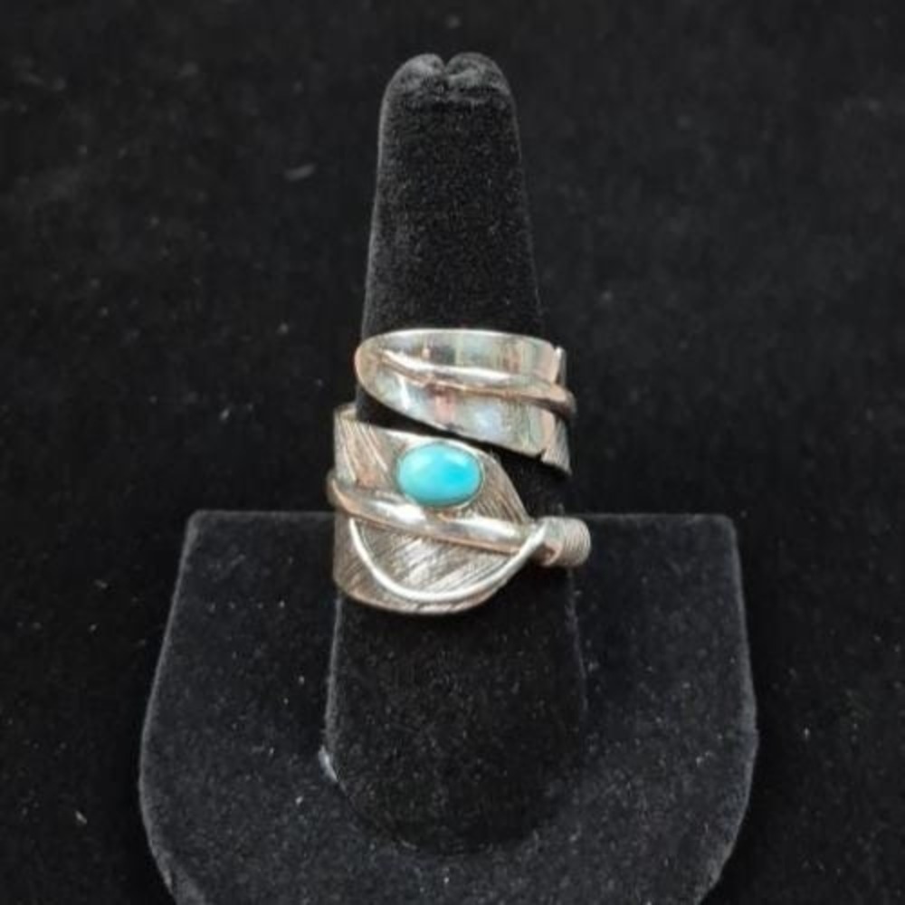 Boho Faux Turquoise Feather Ring Unisex Size 9 Silver Tone Southwest Style